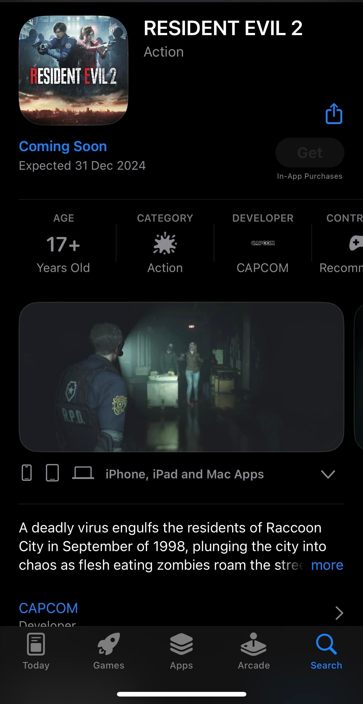 Giao diện cửa hàng App Store hiển thị game Resident Evil 2 Remake cho iPhone