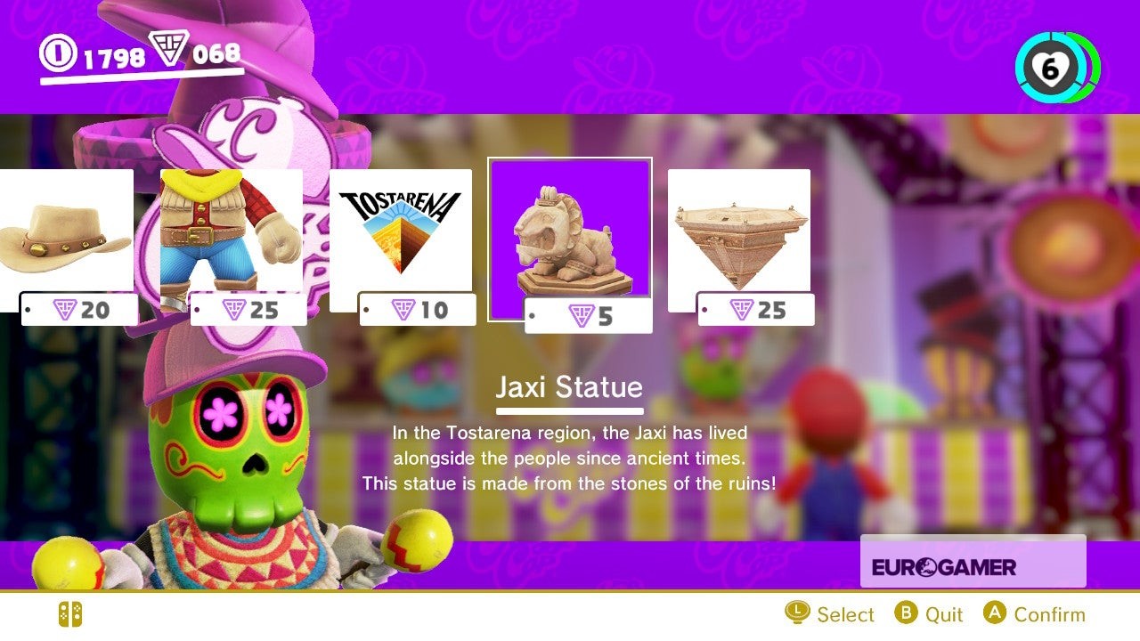 Giao diện cửa hàng Crazy Cap bán quà lưu niệm bằng Xu Tím trong Super Mario Odyssey