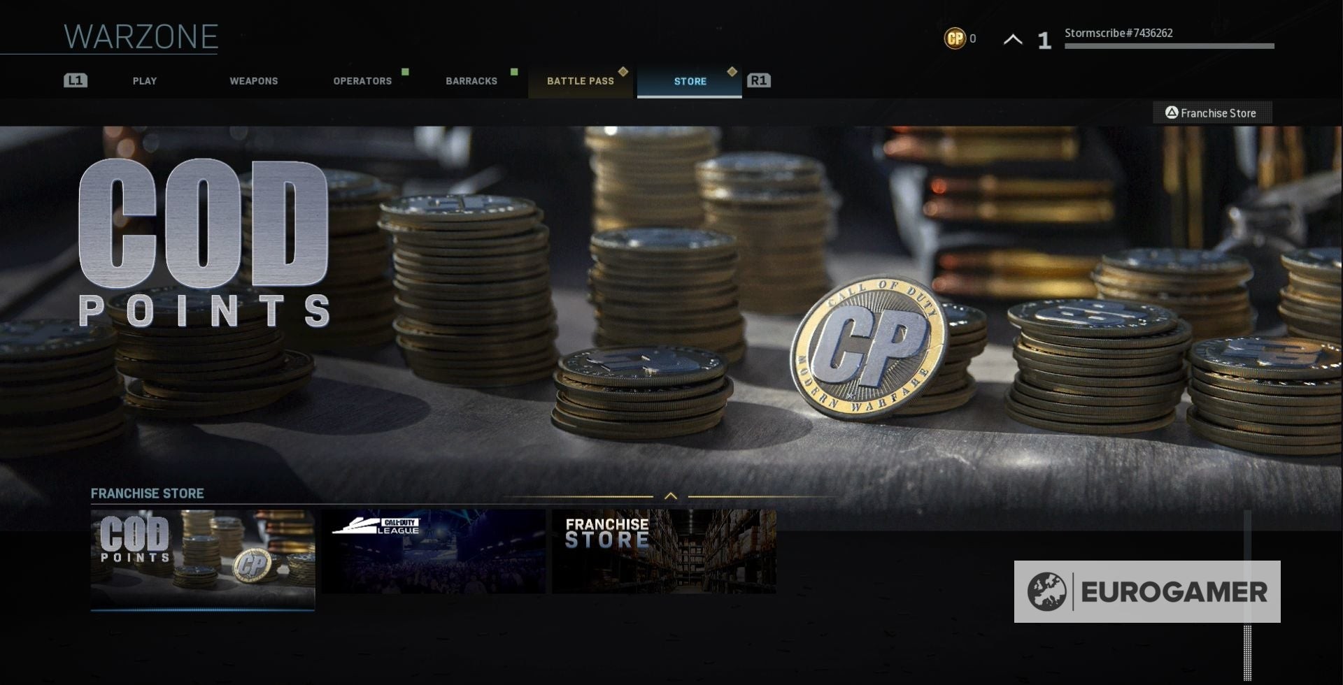 Giao diện cửa hàng trong Warzone nơi người chơi có thể mua COD Points