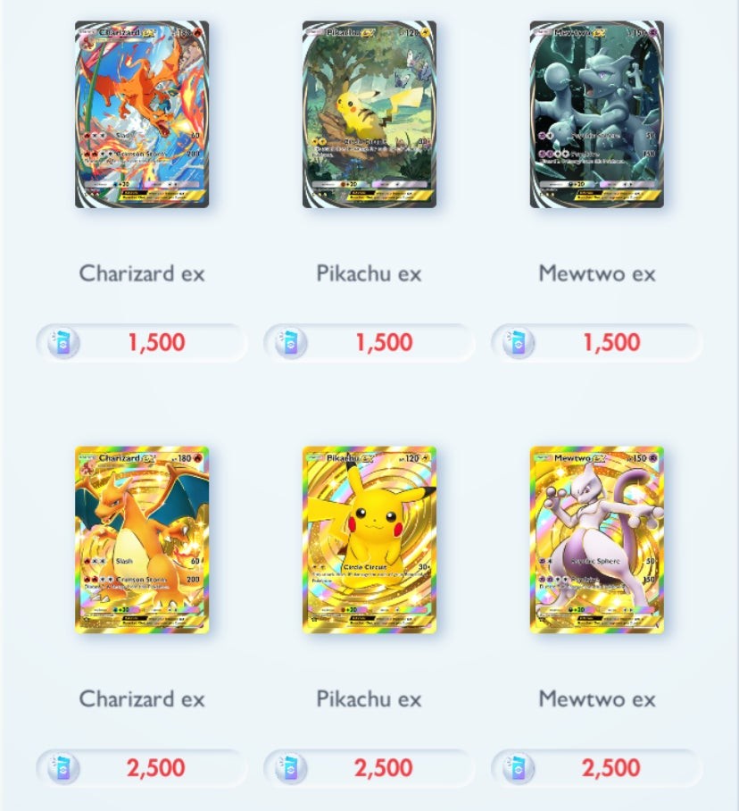 Giao diện đổi Pack Points lấy thẻ bài mong muốn trong Pokémon TCG Pocket