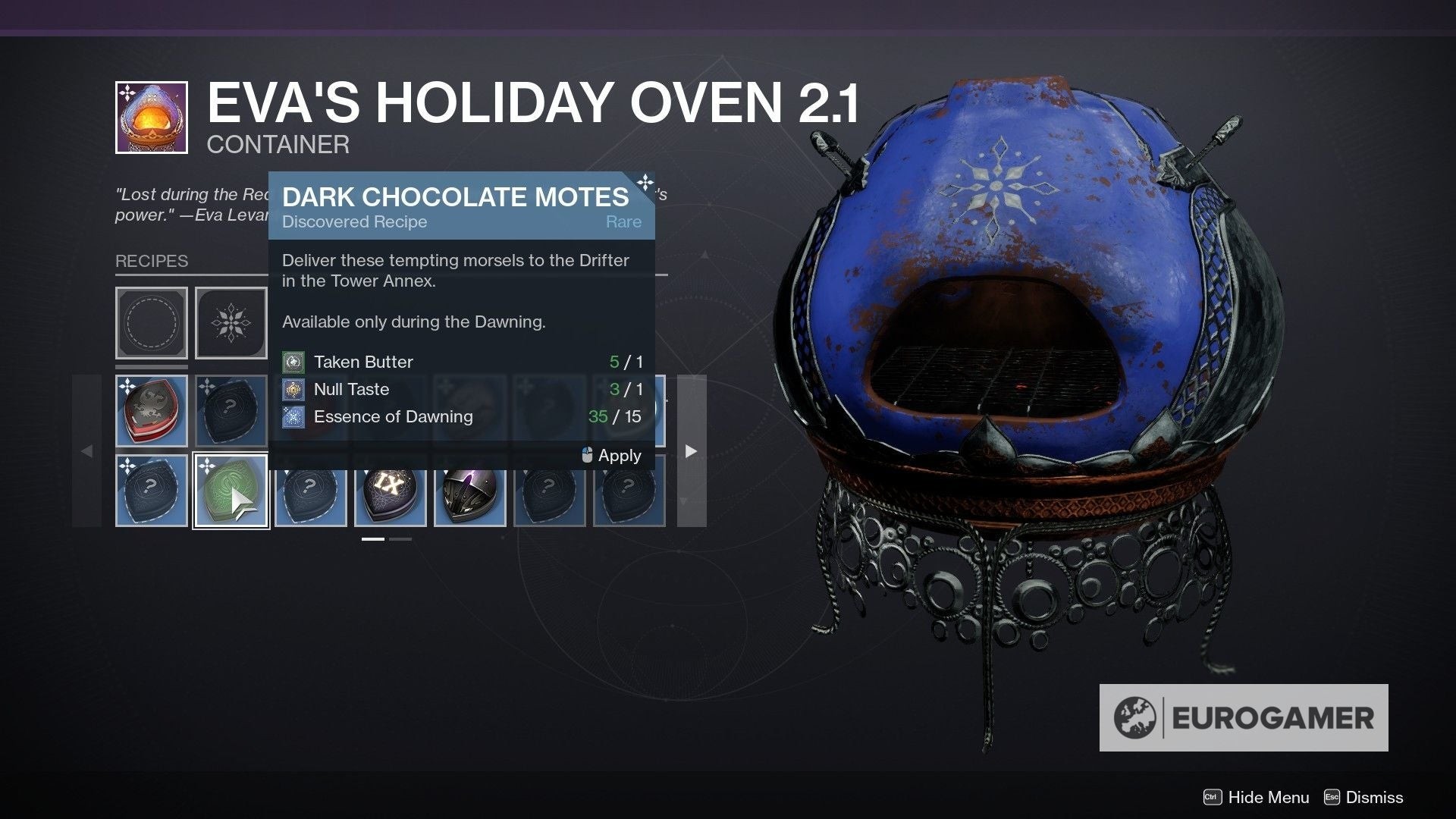 Giao diện giao bánh Dark Chocolate Motes cho Drifter trong Destiny 2