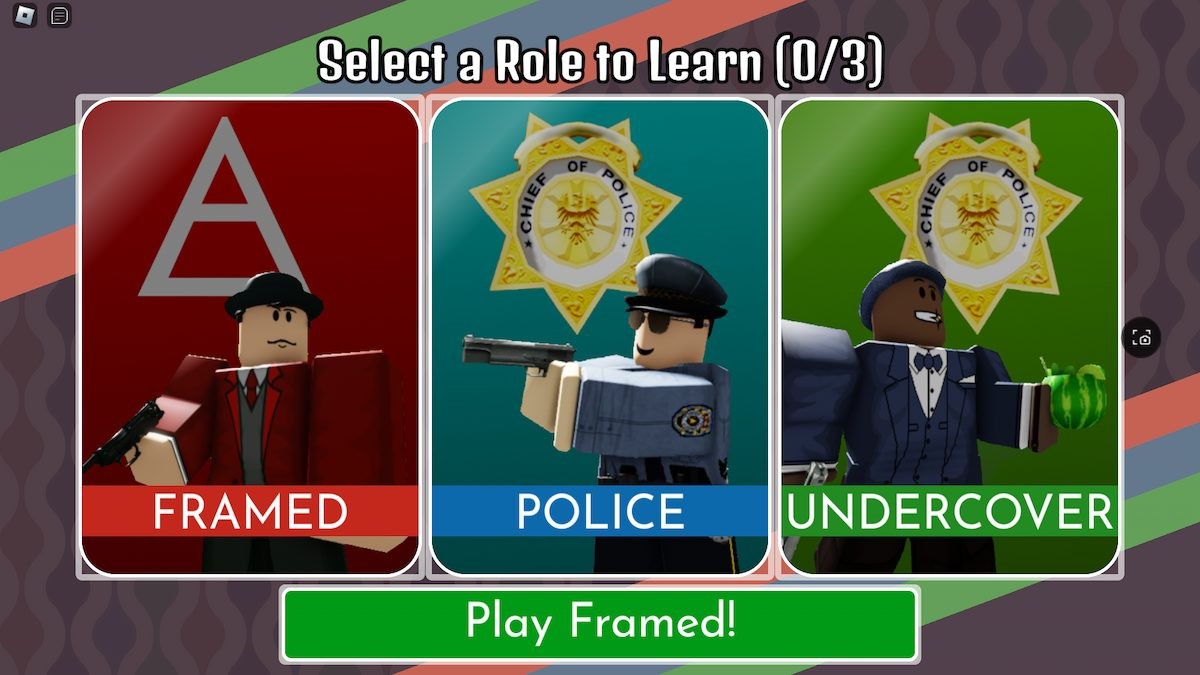 Giao diện hiển thị ba vai trò trong game Roblox Framed!