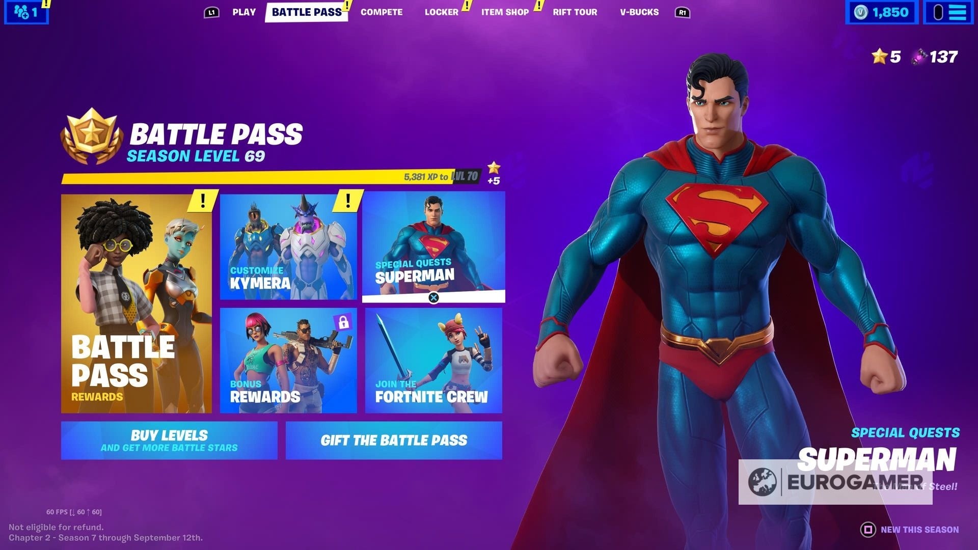 Giao diện hiển thị các thử thách Superman trong Fortnite C2S7