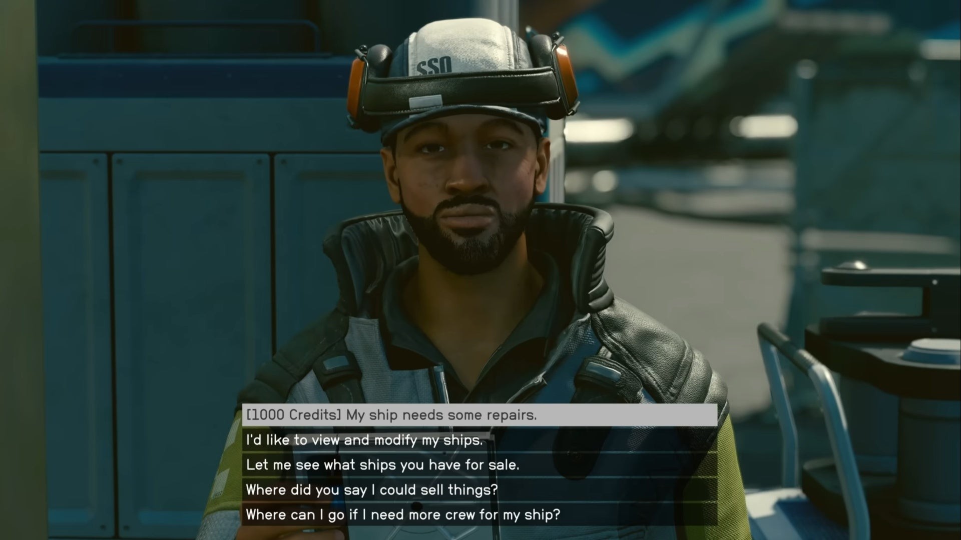 Giao diện hội thoại sửa chữa tàu Starfield với kỹ thuật viên cảng không gian