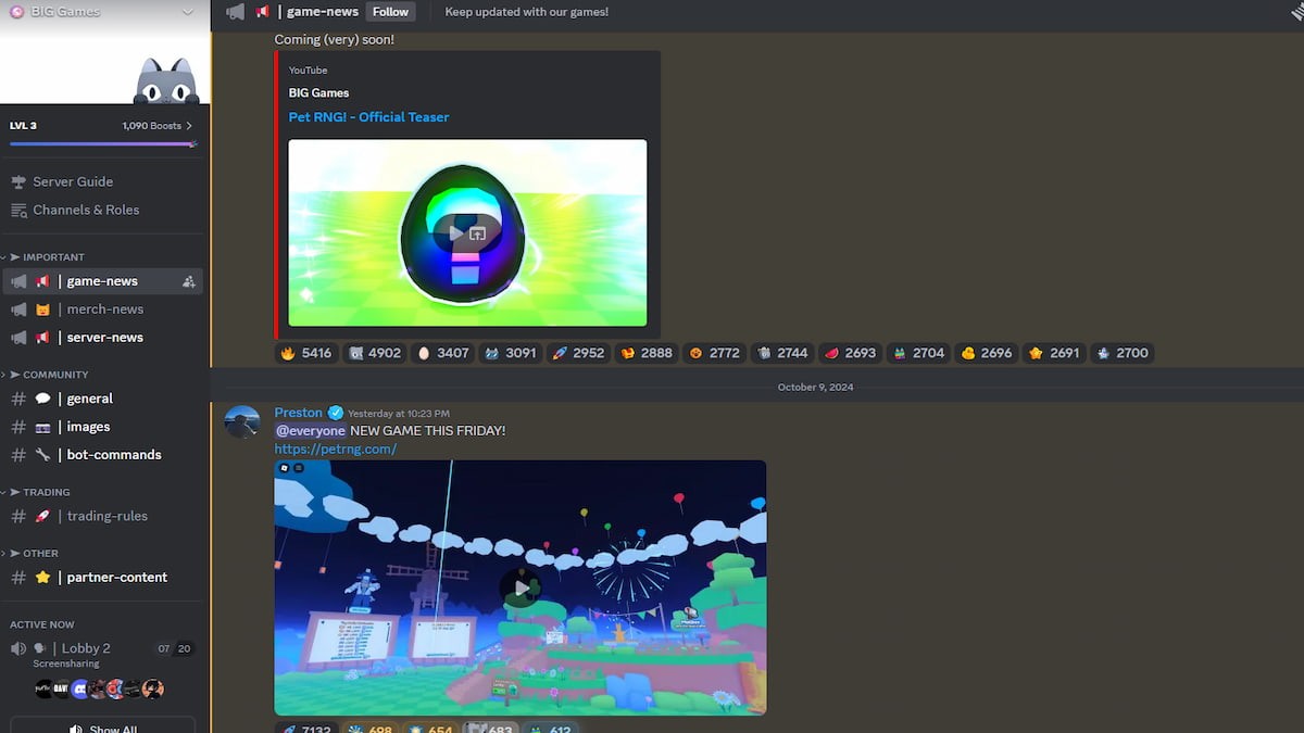 Giao diện kênh Discord Big Games nơi thảo luận về PETS GO (Pet RNG) Roblox