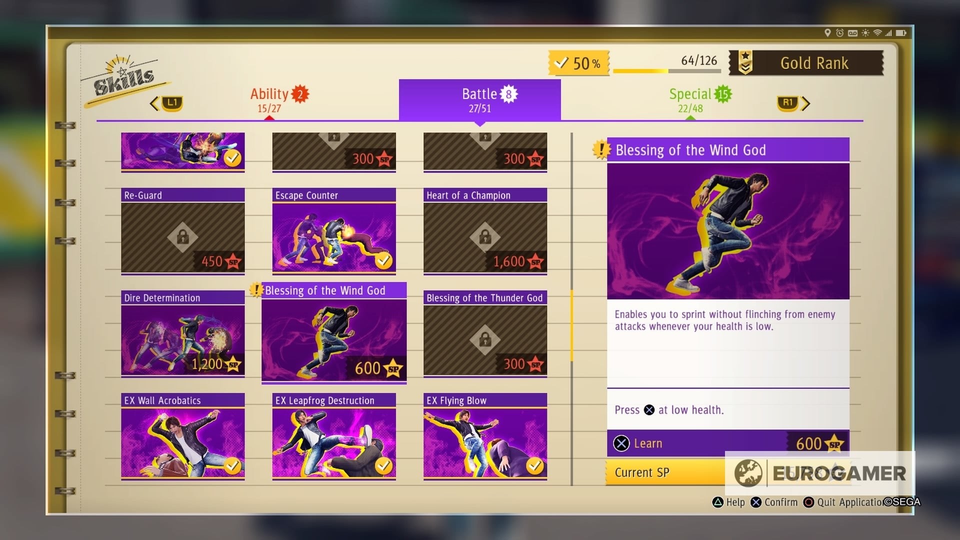 Giao diện kỹ năng Blessing of the Wind God trong menu của Yagami