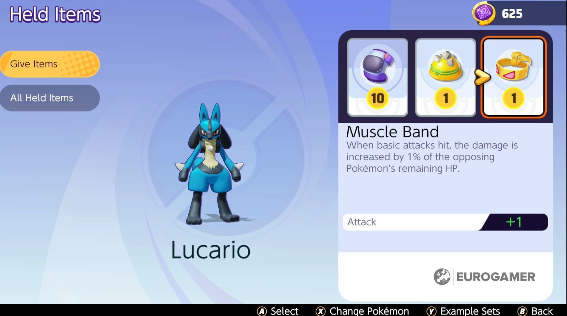 Giao diện lựa chọn Held Items cho Lucario