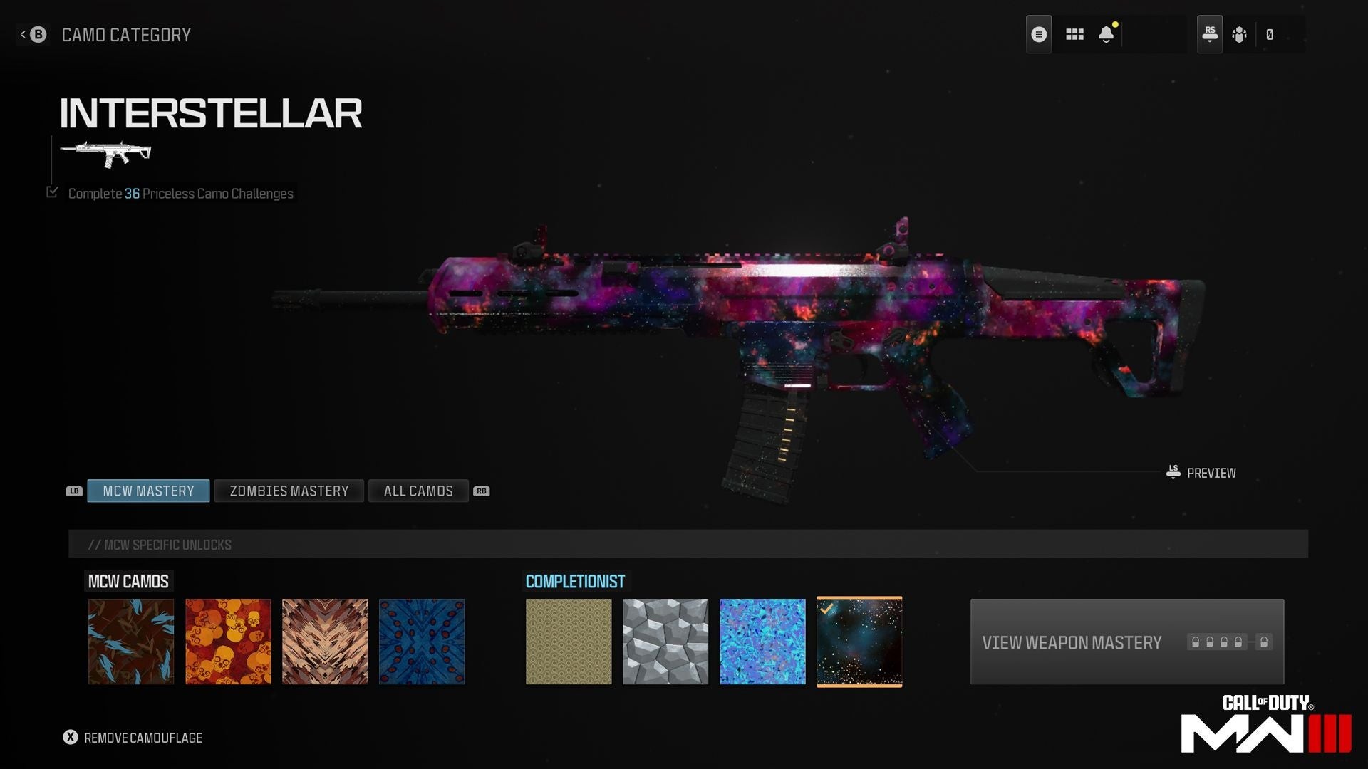 Giao diện lựa chọn Mastery Camo trong Modern Warfare 3
