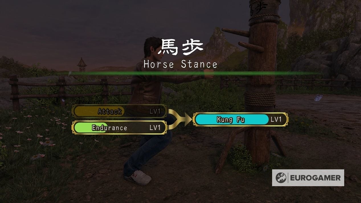 Giao diện luyện tập One-Inch Punch với mộc nhân trong Shenmue 3