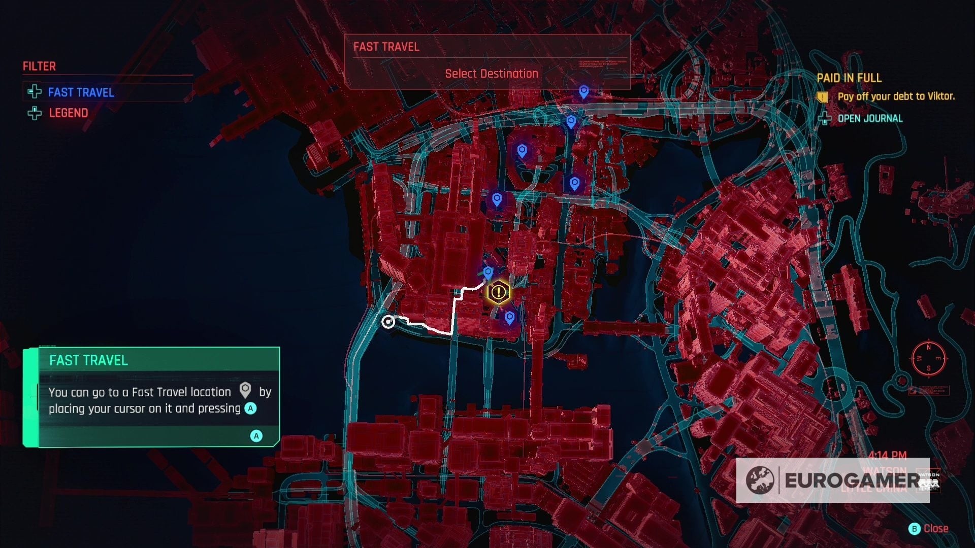Giao diện màn hình tương tác với trạm Data Term để chọn điểm đến Fast Travel Cyberpunk 2077
