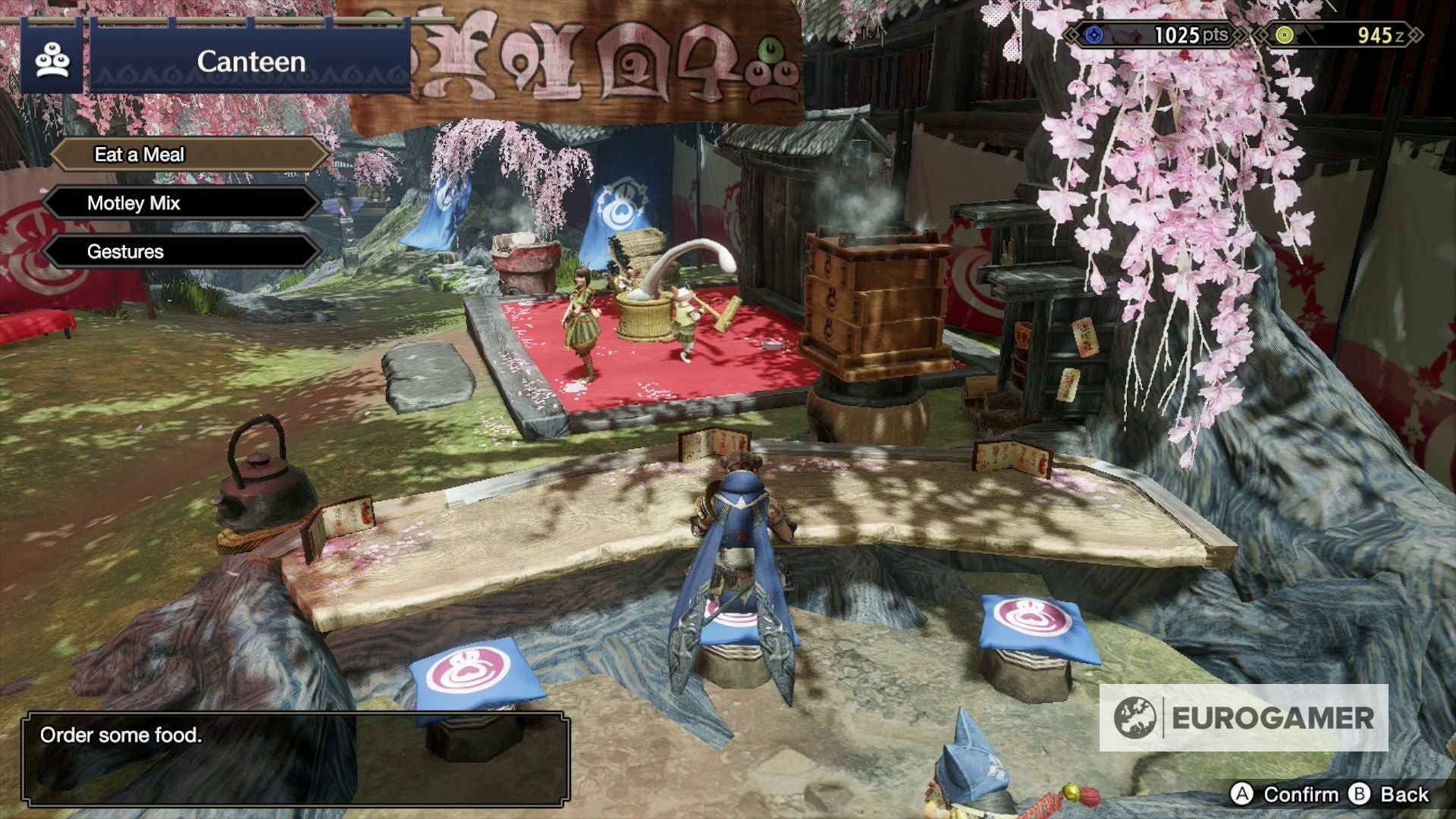 Giao diện menu Canteen trong Monster Hunter Rise với lựa chọn Motley Mix
