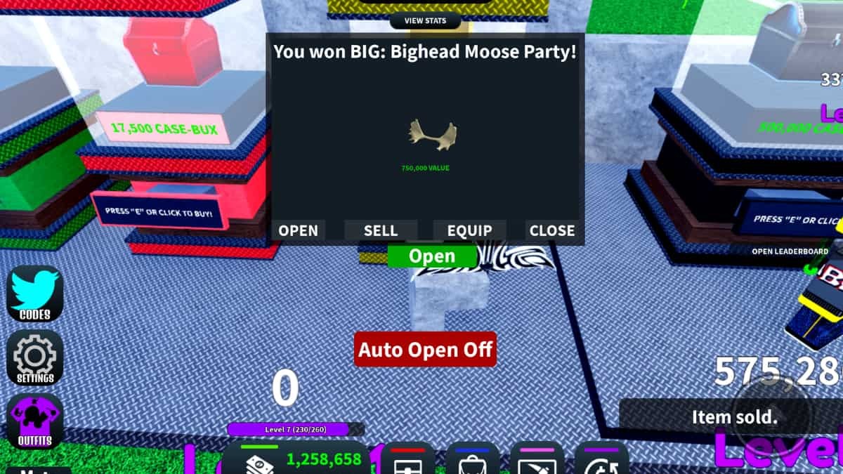 Giao diện mở hòm Cases trong Roblox Trade Clicker để nhận vật phẩm giá trị