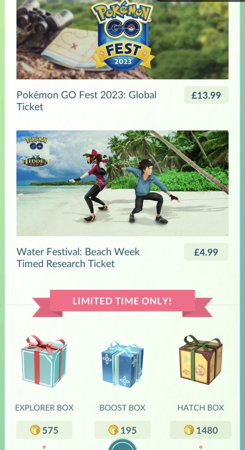 Giao diện mua vé Nghiên cứu Giới hạn Tuần Lễ Bãi Biển trong cửa hàng Pokémon Go