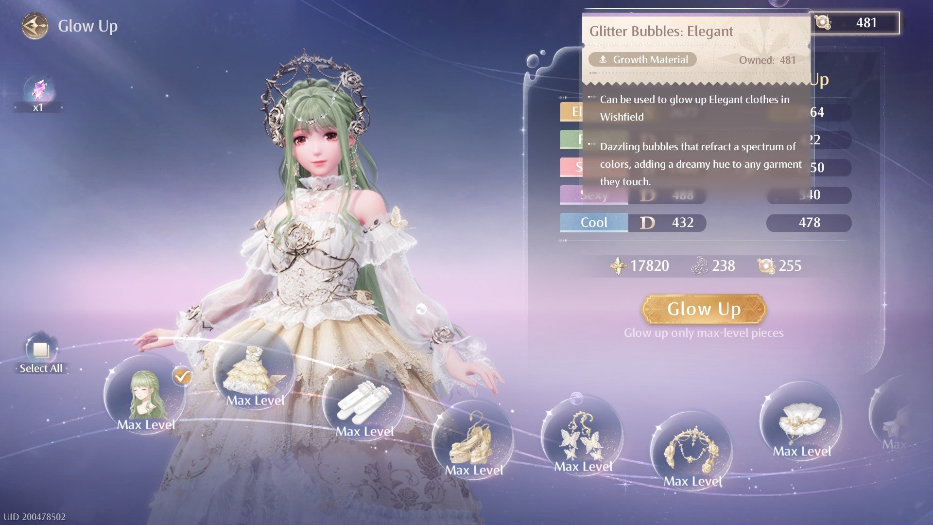 Giao diện Nâng cấp (Glow Up) trang phục Wishful Aurosa trong Infinity Nikki yêu cầu Bong bóng Lấp lánh Thanh lịch