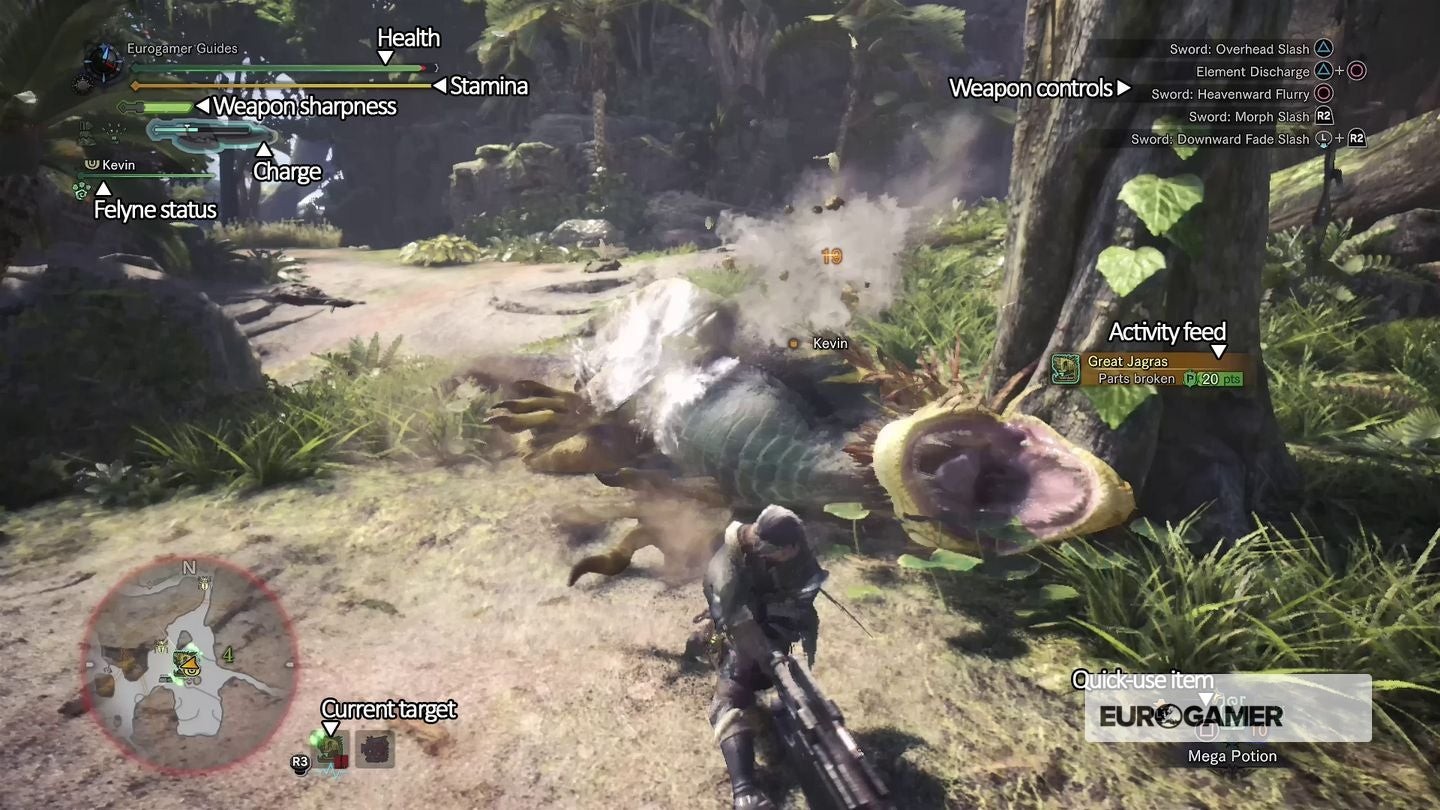 Giao diện người dùng Monster Hunter World hiển thị thanh Máu và Thể lực quan trọng