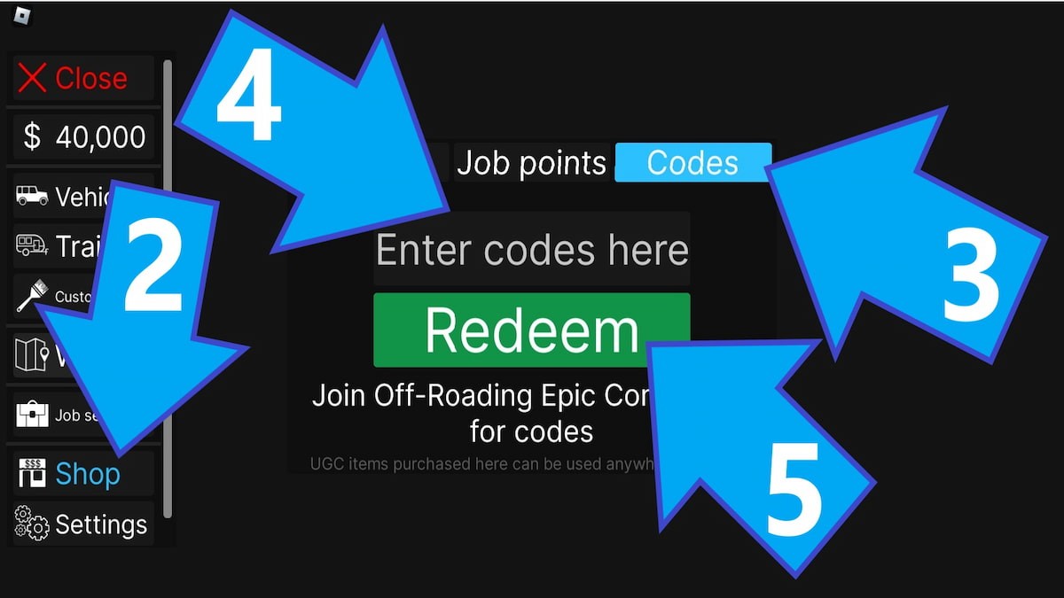 Giao diện nhập code Off-Roading Epic trong menu Shop với các bước được đánh số
