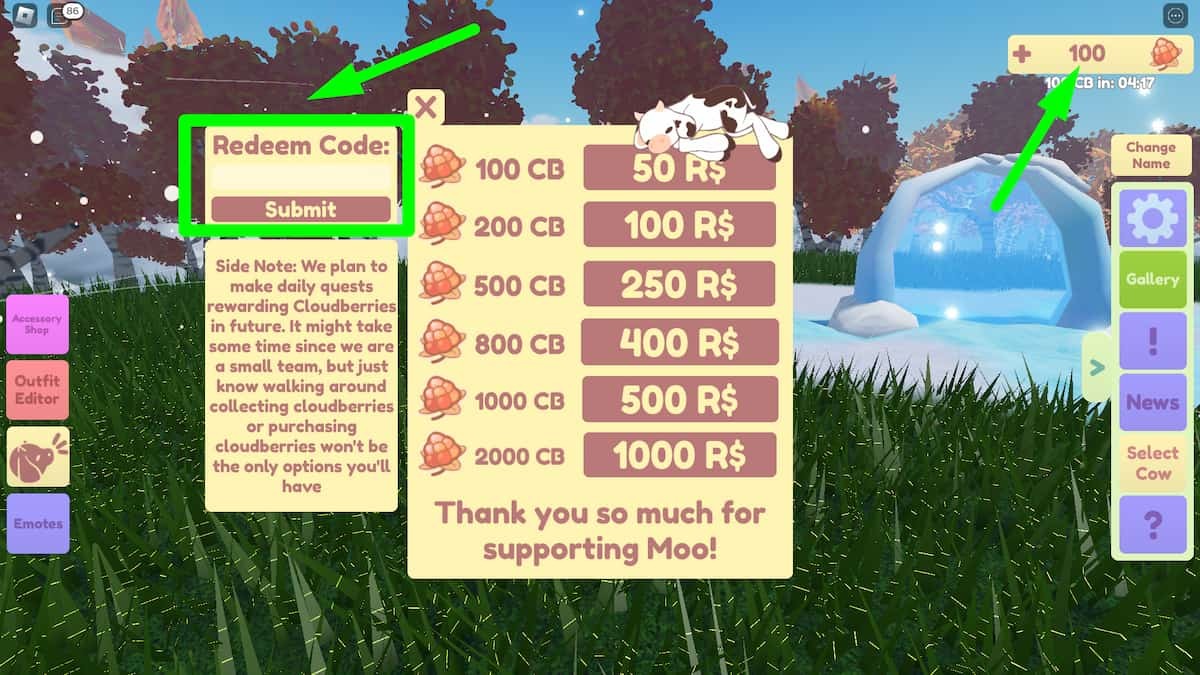 Giao diện nhập code Roblox Moo với ô Redeem Code và nút Submit