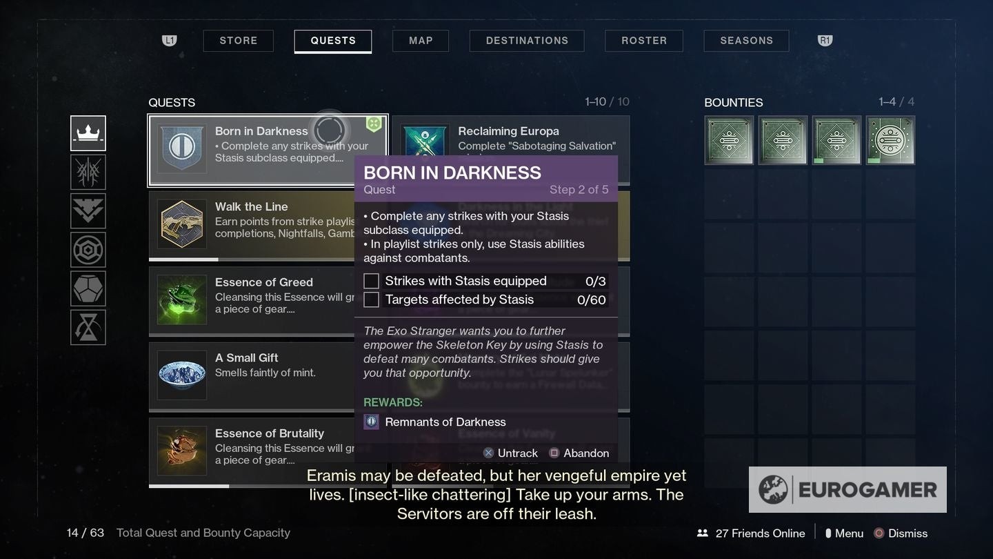 Giao diện nhiệm vụ Born in Darkness Part 1 yêu cầu hoàn thành Strike và hạ gục kẻ địch bằng Stasis