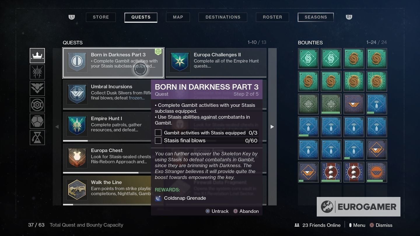 Giao diện nhiệm vụ Born in Darkness Part 3 yêu cầu hoàn thành Gambit và sử dụng Stasis