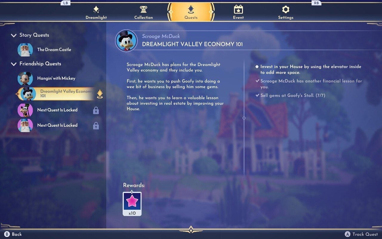 Giao diện nhiệm vụ Dreamlight Valley Economy 101 yêu cầu thu thập Gem