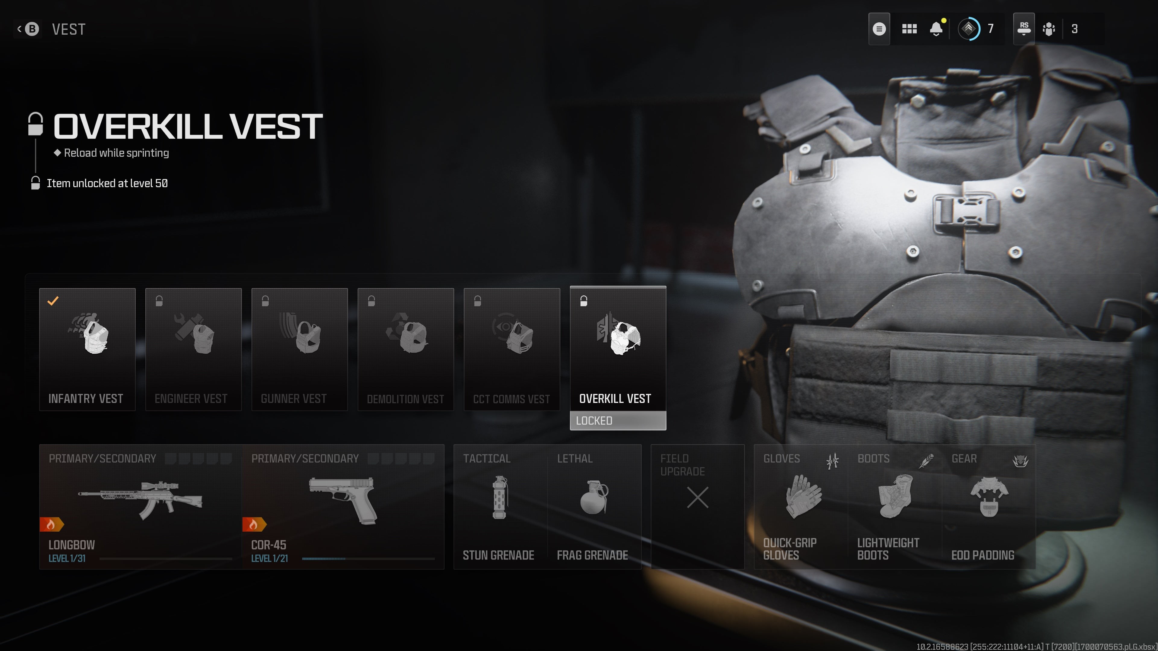 Giao diện Overkill Vest trong Modern Warfare 3 hiển thị cấp độ mở khóa và lợi ích chuyên biệt
