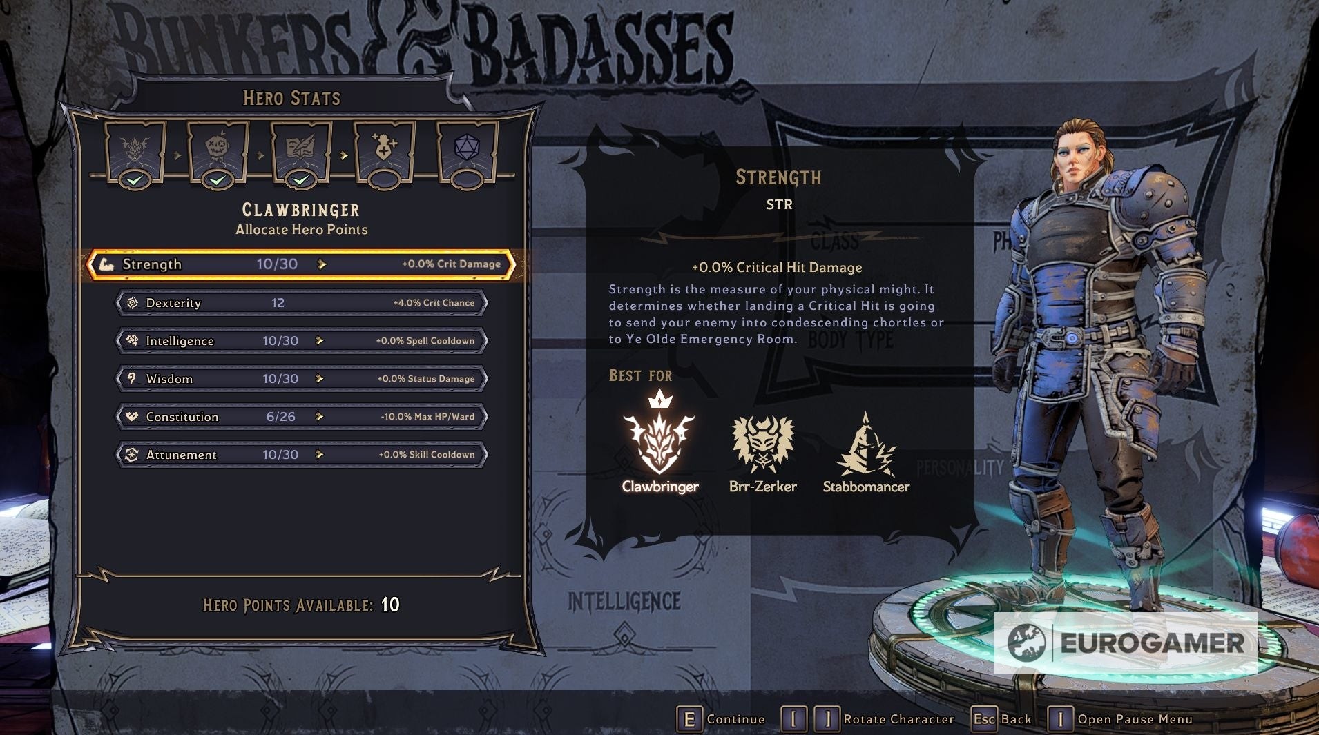 Giao diện phân bổ điểm Hero Points vào các chỉ số Hero Stats trong Tiny Tina's Wonderlands