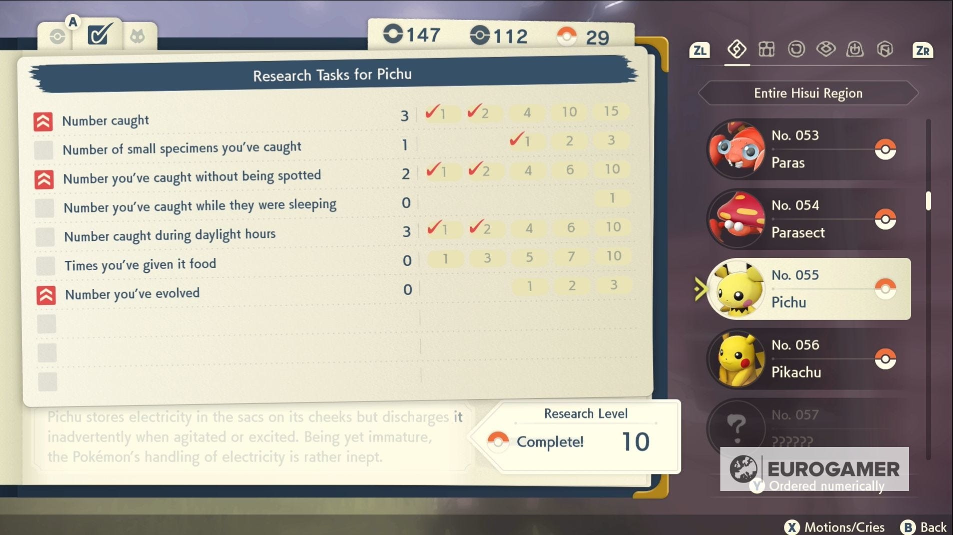 Giao diện Pokédex trong Pokémon Legends: Arceus hiển thị các Pokémon đã đạt Cấp độ Nghiên cứu 10 với biểu tượng Poké Ball bên cạnh