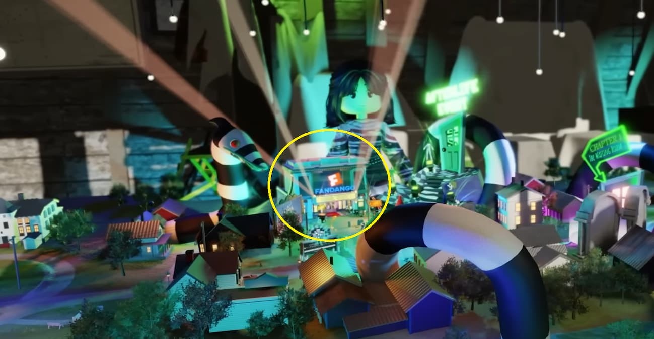 Giao diện quầy vé Fandango Virtual Box Office trong game Roblox để mua vé Beetlejuice 2