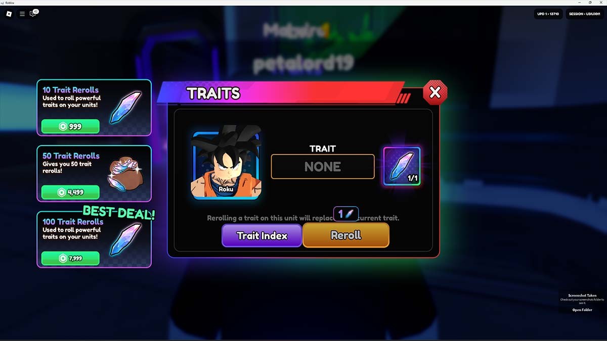 Giao diện Reroll Trait tại Mandra NPC trong Anime Vanguards