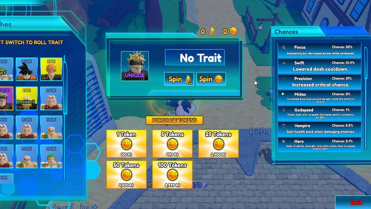 Giao diện reroll trait trong Anime Switch hiển thị chi phí và nút thực hiện