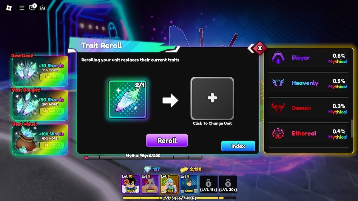 Giao diện reroll và chỉ số trait trong Anime Reborn