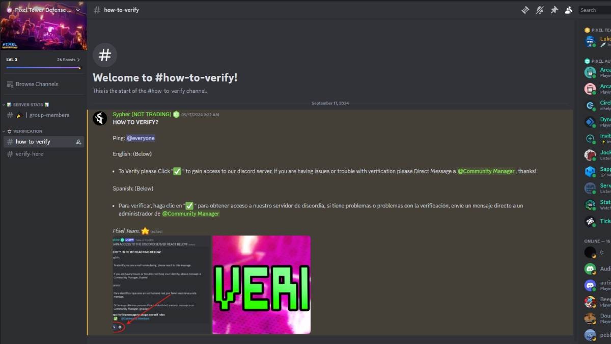 Giao diện server Discord Pixel Tower Defense với các kênh chat