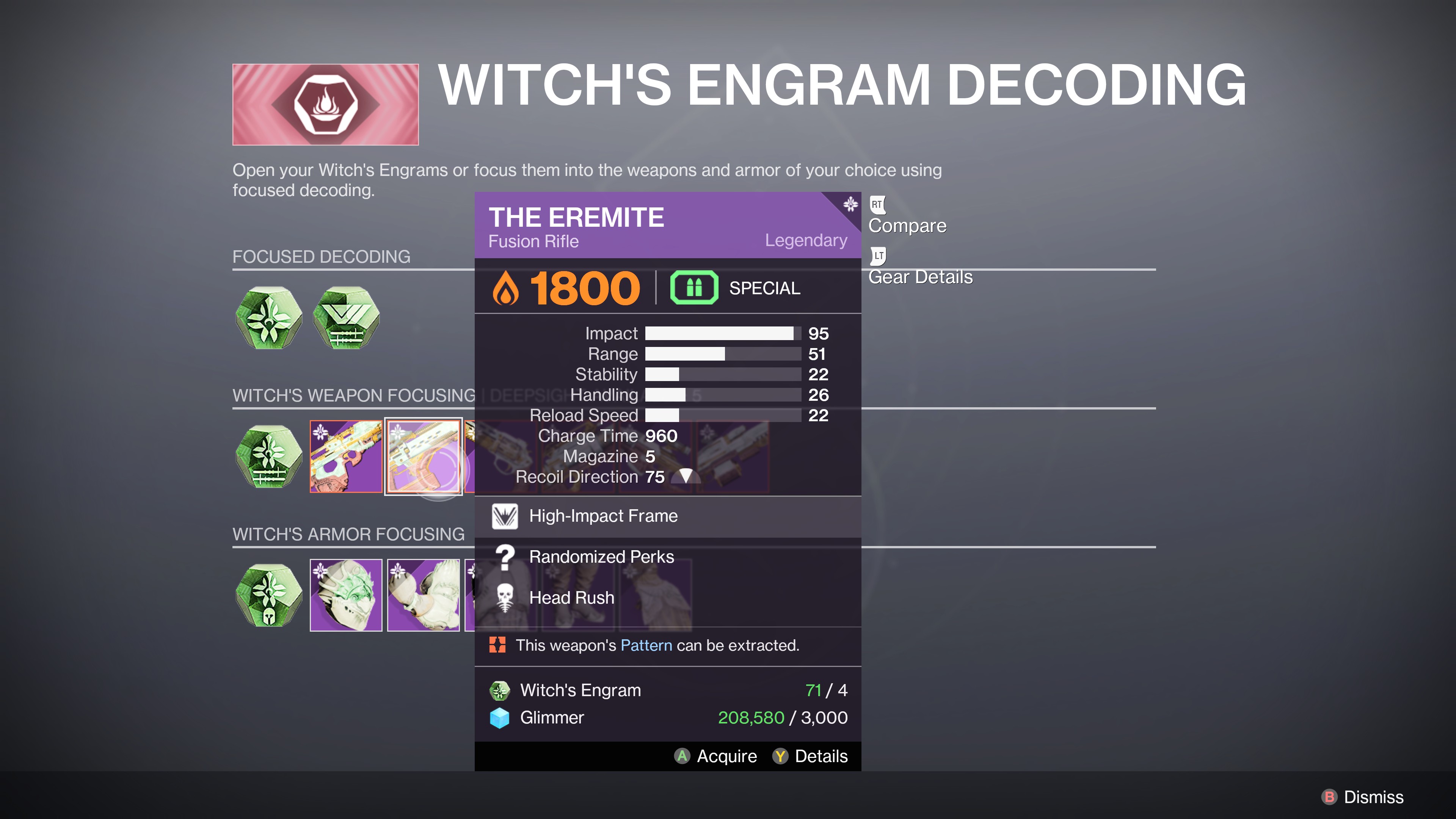 Giao diện tập trung Witch Engram để nhận súng The Eremite tại Bàn Nghi Lễ trong Destiny 2