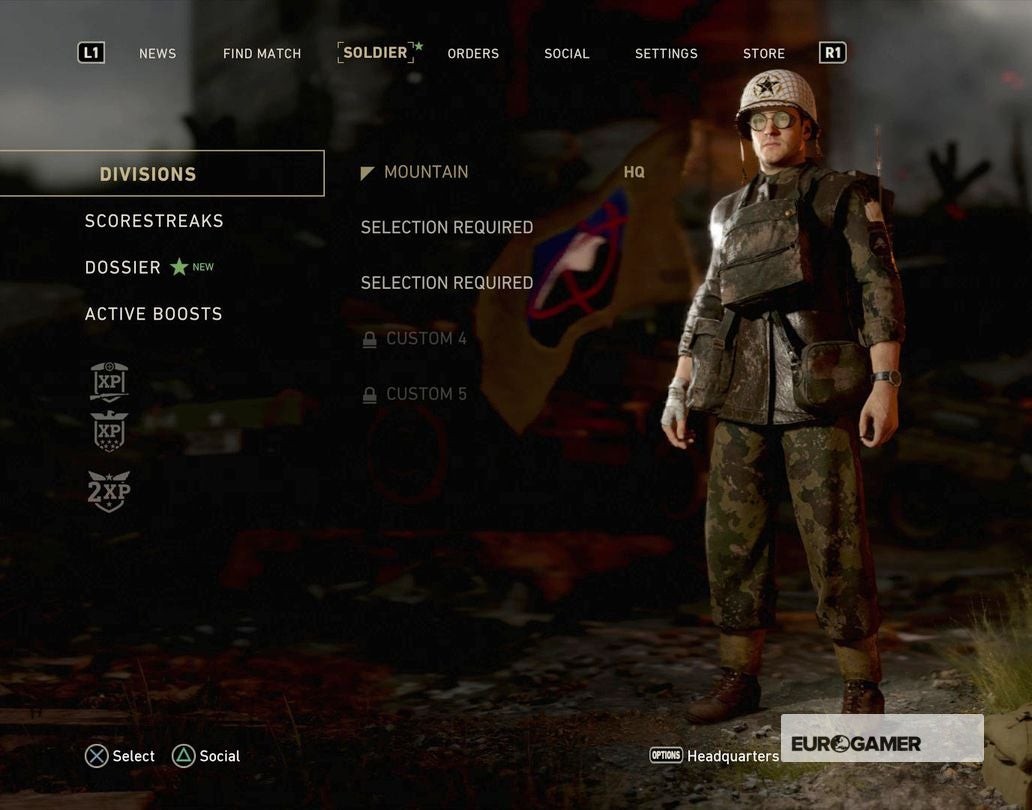 Giao diện thay đổi Sư đoàn trong menu multiplayer CoD WW2