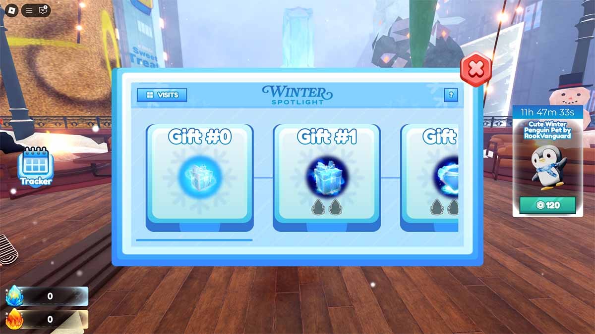 Giao diện theo dõi quà tặng Roblox Winter Spotlight hiển thị token đã thu thập