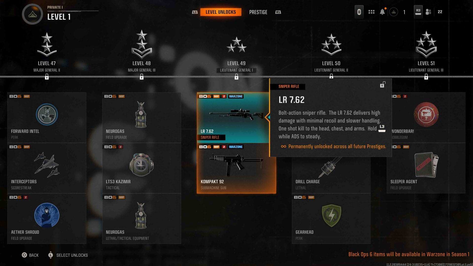Giao diện tiến trình cho thấy LR 7.62 mở khóa ở cấp 49 Black Ops 6