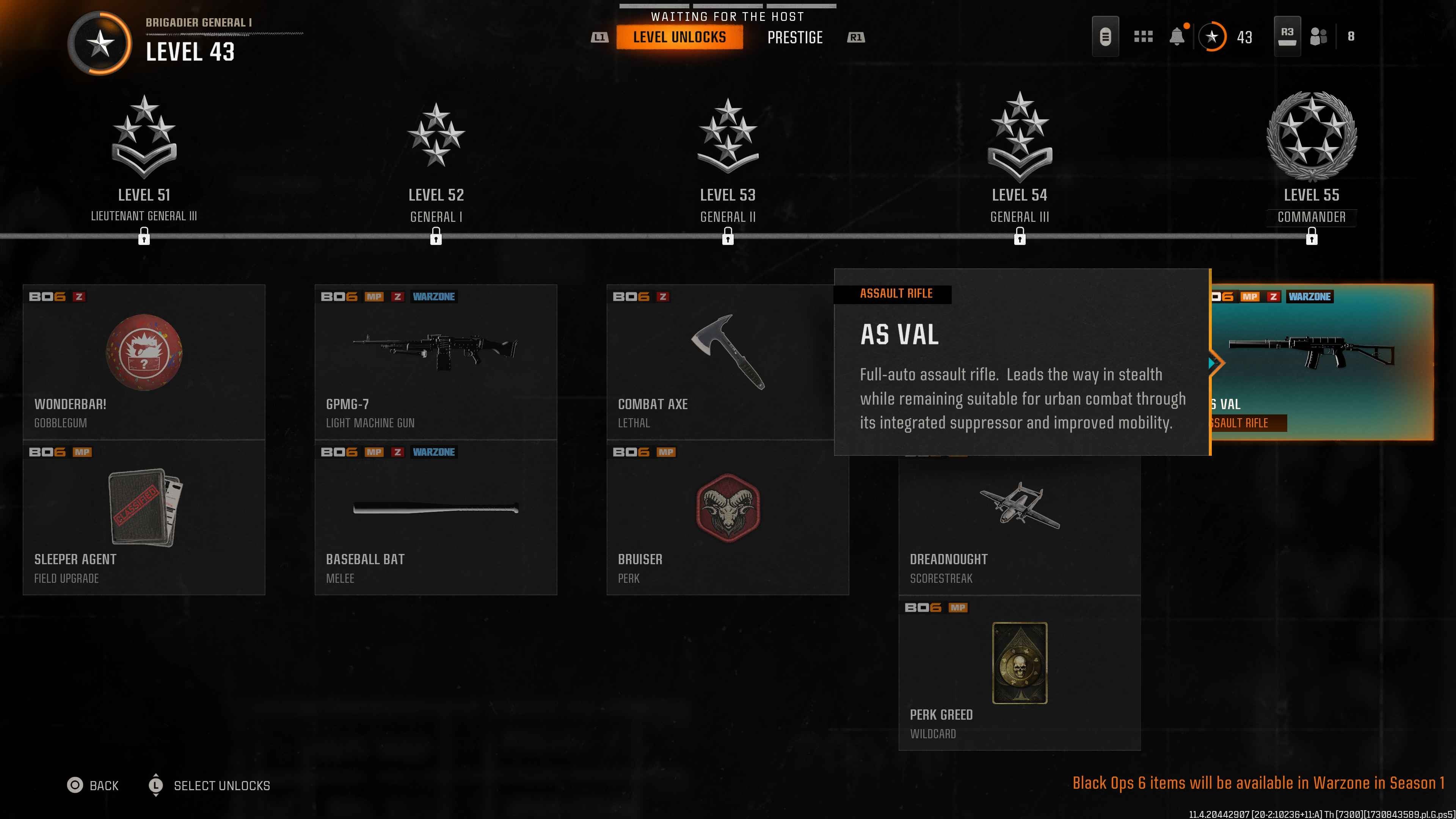 Giao diện tiến trình game hiển thị AS VAL được mở khóa ở Cấp 55 trong Black Ops 6
