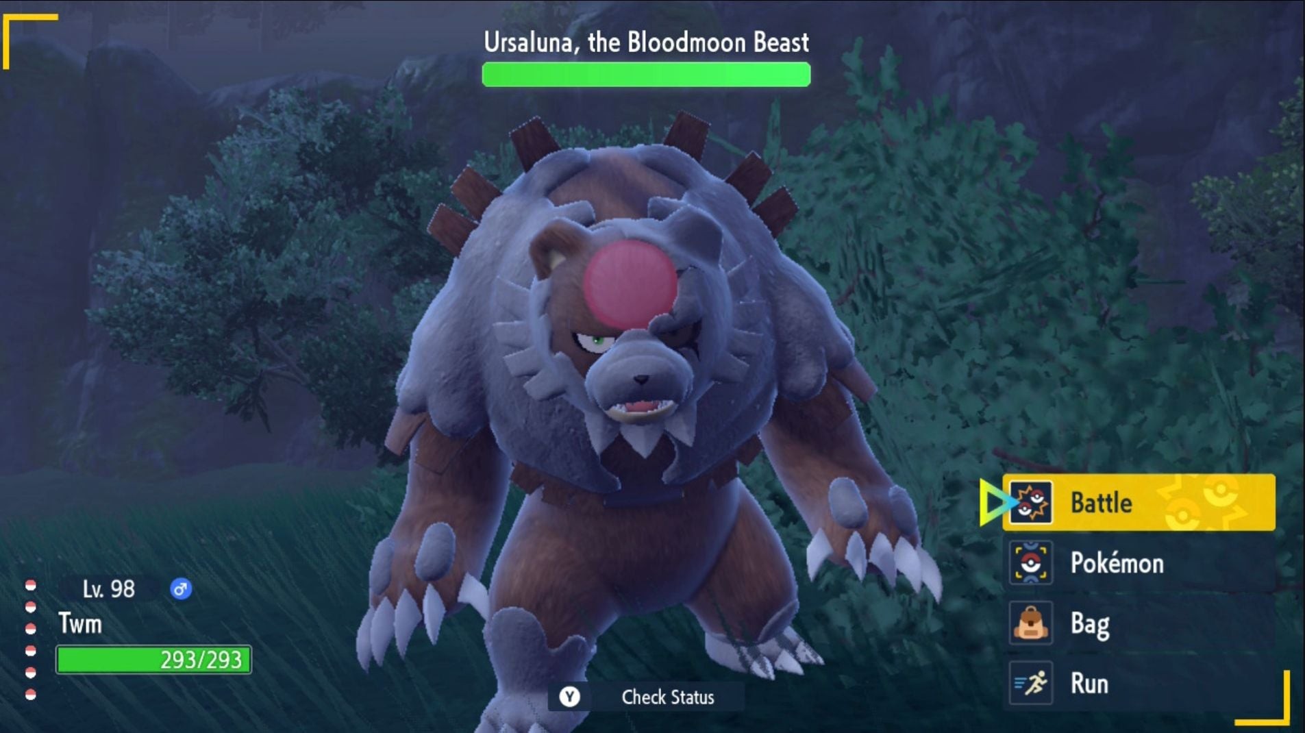 Giao diện trận chiến với Bloodmoon Ursaluna trong Pokémon Scarlet and Violet The Teal Mask
