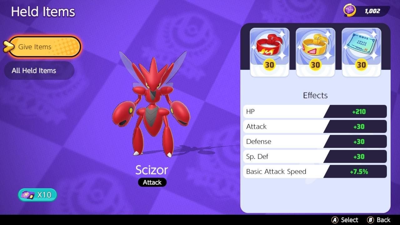 Giao diện trang bị Held Items cho Scizor trong Pokémon Unite