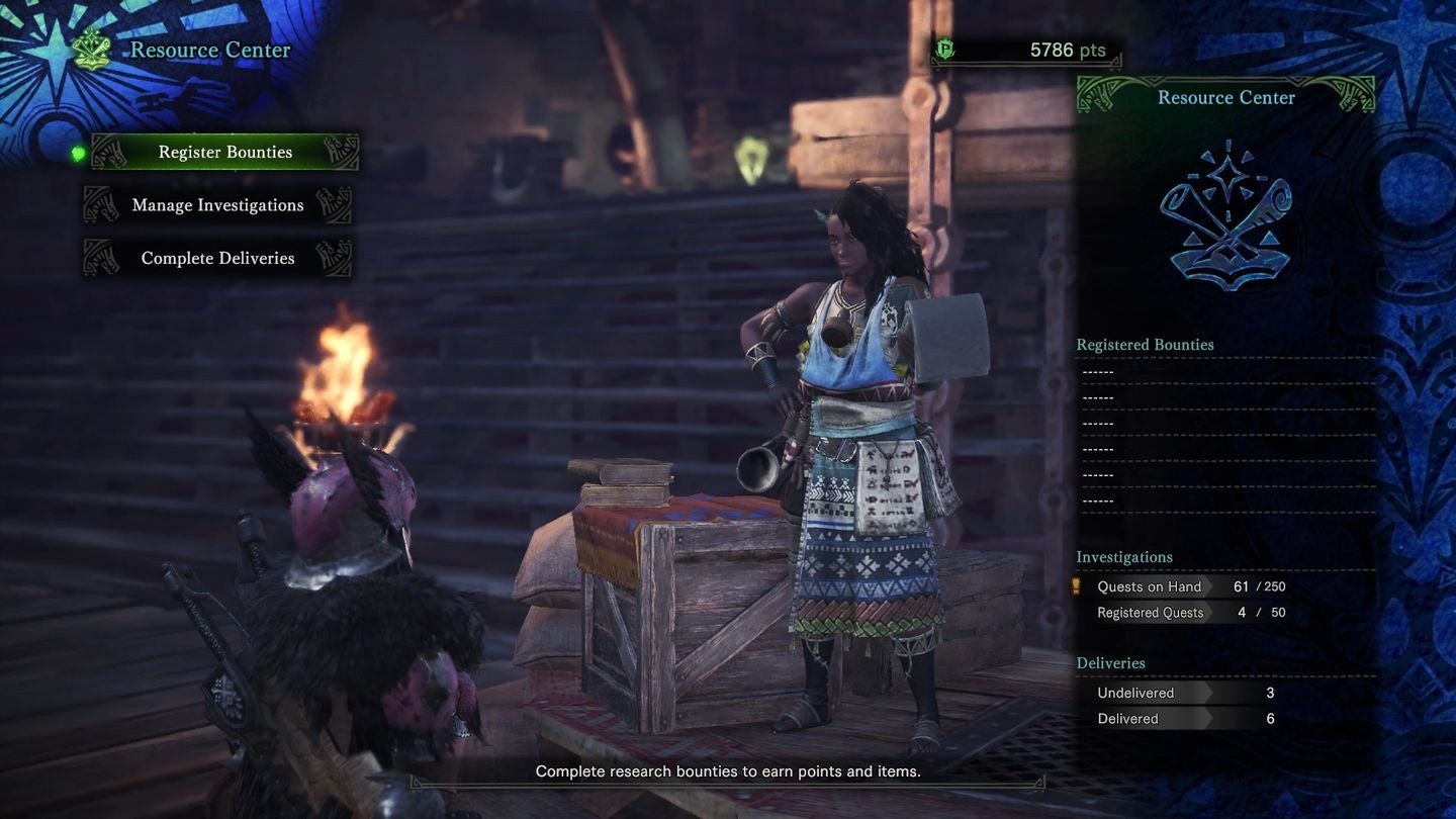 Giao diện Trung tâm Tài nguyên trong Monster Hunter World để quản lý Điều tra, Tiền thưởng