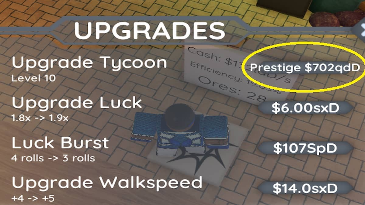 Giao diện tùy chọn Prestige trong game Tycoon RNG Roblox sau khi đạt level 10 Tycoon Upgrade