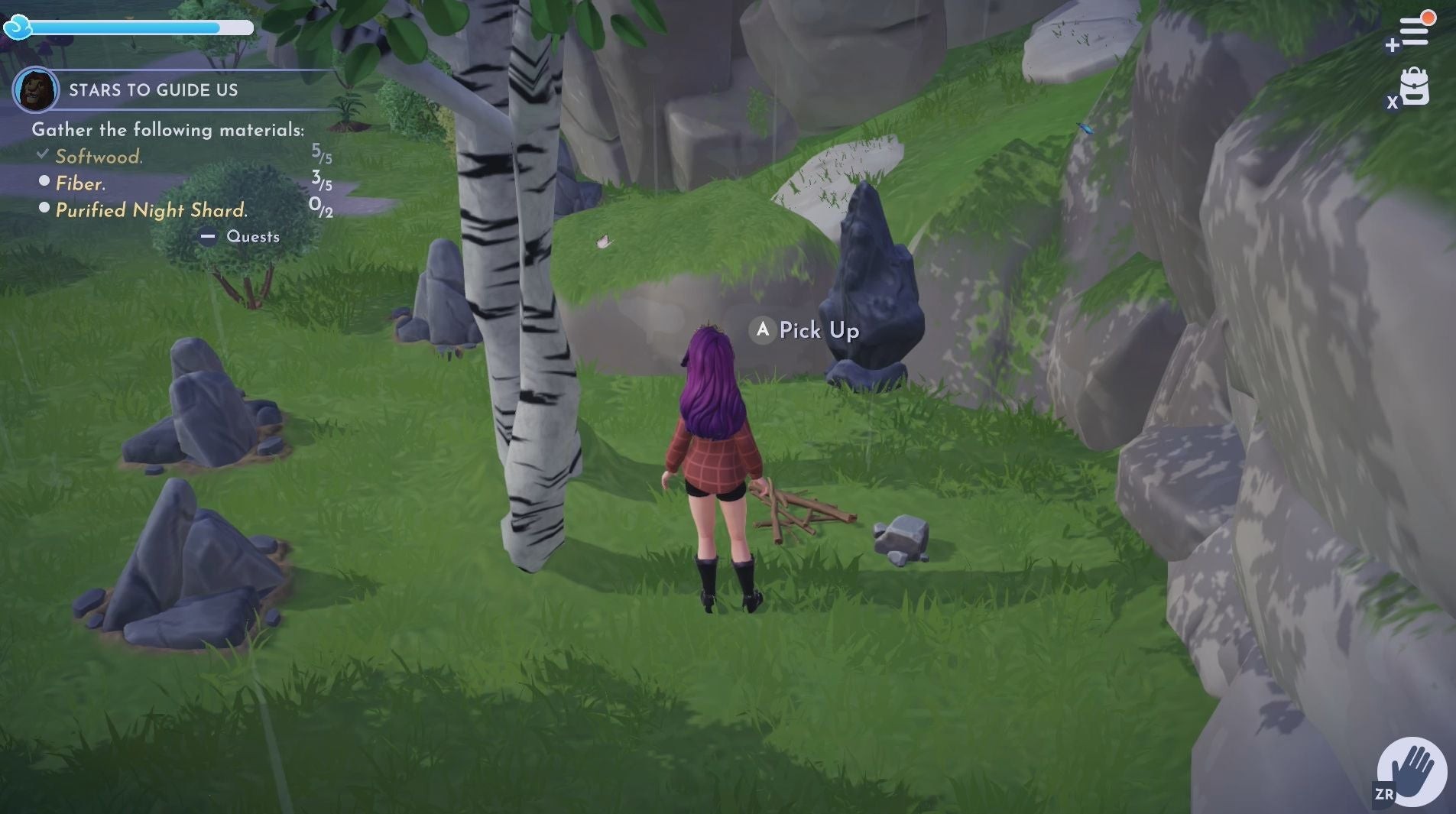 Gỗ Mềm (Softwood) nằm trên mặt đất tại Peaceful Meadow trong Disney Dreamlight Valley