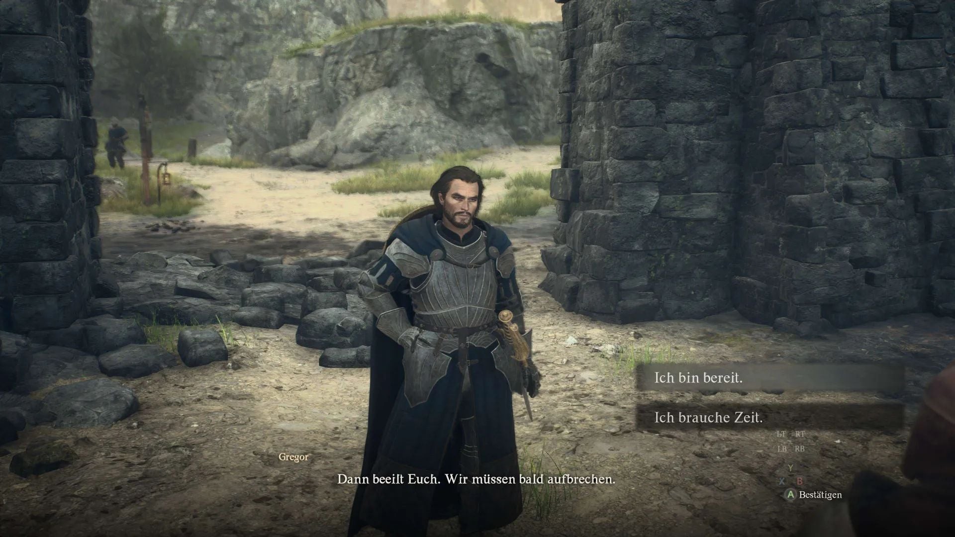 Gregor đợi Arisen tại cổng làng Melve trong Dragon's Dogma 2