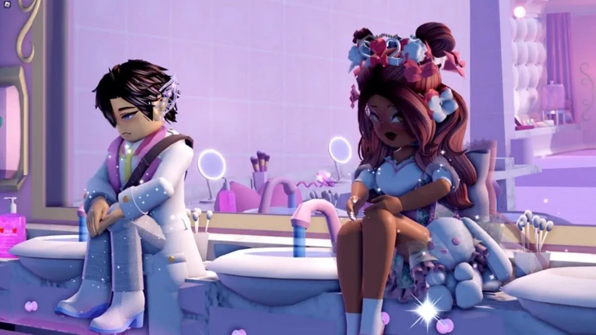 Hai nhân vật ngồi trên ghế băng trong Roblox Royale High