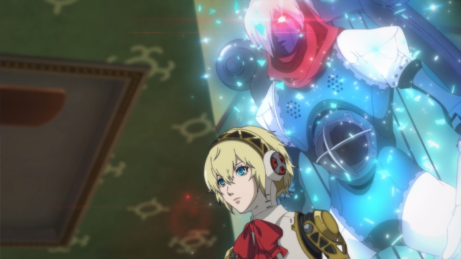 Hình ảnh anime từ DLC Persona 3 cho thấy cô gái robot tóc vàng với hình ảnh persona phát sáng phía sau