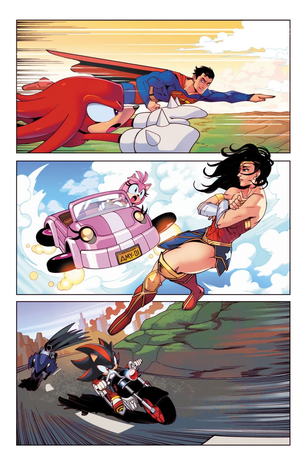 Hình ảnh các trang truyện Sonic DC với Knuckles và Superman, Amy và Wonder Woman, Shadow và Batman đua xe máy