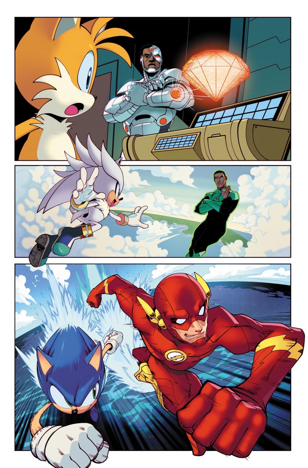 Hình ảnh các trang truyện Sonic DC với Tails và Cyborg, Silver và Green Lantern, Sonic đua với The Flash