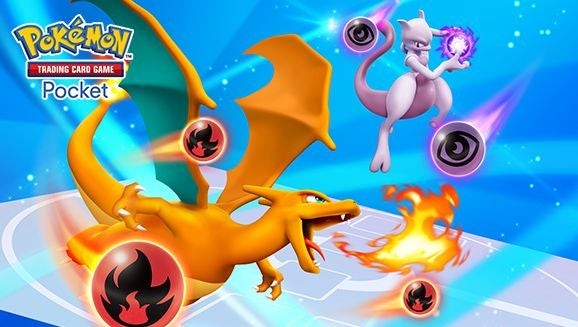 Hình ảnh Charizard và Mewtwo, hai Pokémon biểu tượng thường xuất hiện trên các thẻ bài hiếm trong TCG Pocket.