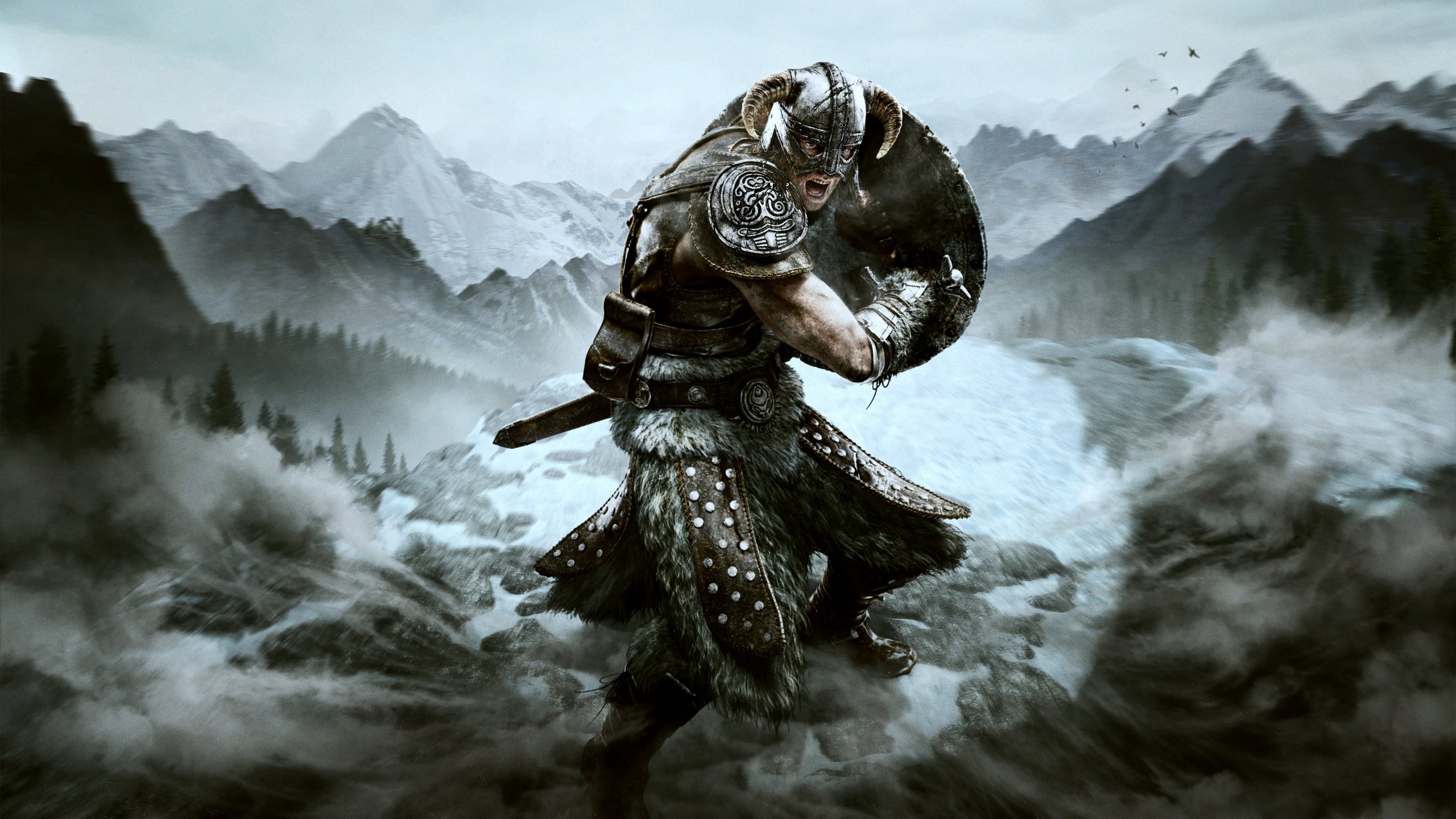 Hình ảnh chiến binh Dragonborn từ The Elder Scrolls V: Skyrim, chuẩn bị khiên trên đỉnh núi tuyết