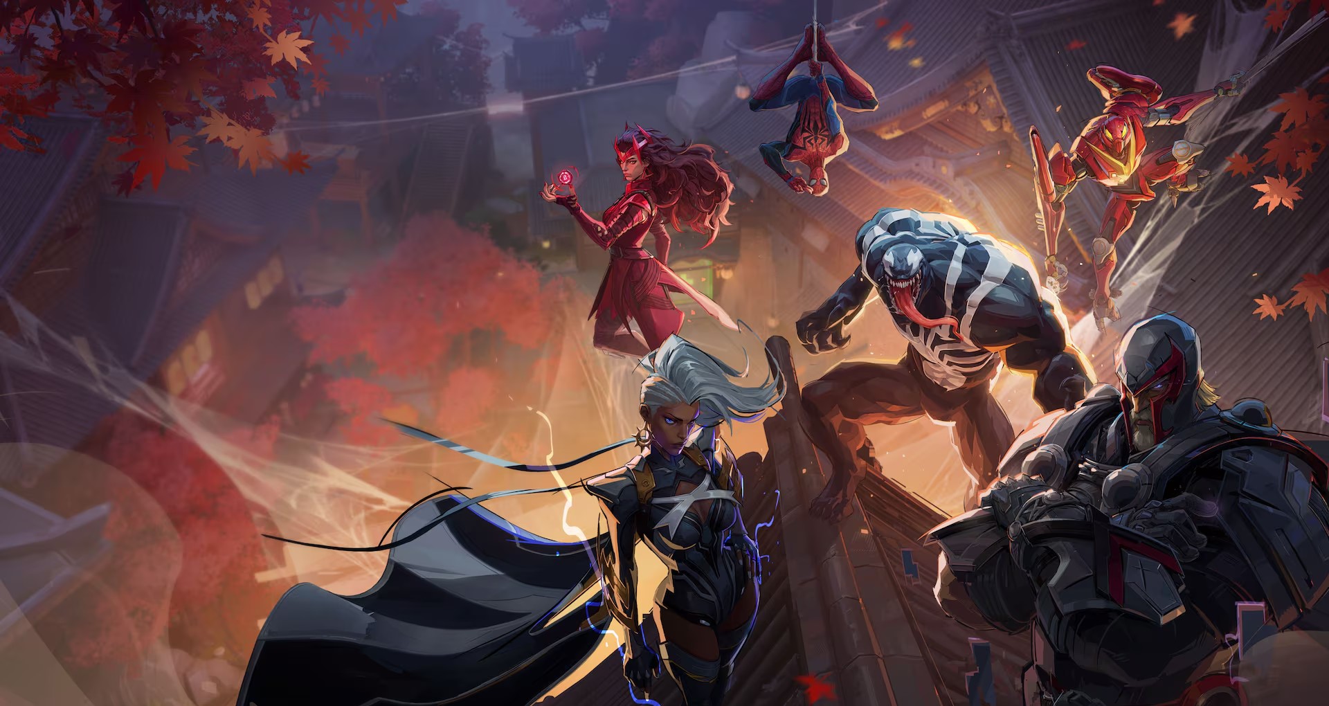 Hình ảnh chính thức của Marvel Rivals với nhiều anh hùng như Magneto, Venom và Storm trên nền lá cây